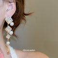 Blue White Crystal Diamond Pearl Long Drop Stud Earrings view 3
