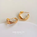 Gold Twisted C Hoop Earrings Triple Band Post Back view 4