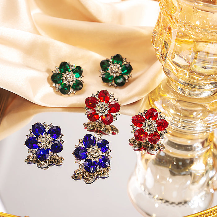 Red Sapphire Rhinestone Flower Stud Earrings Gold Tone