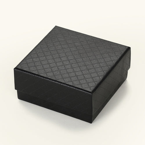 Product view showing square textured jewelry box in red or black