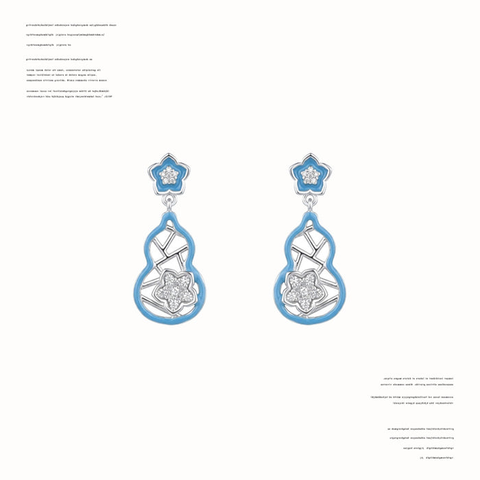 Blue Enamel Gourd Drop Earrings Silver Tone Flower Posts