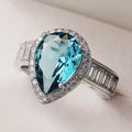 Aqua Pear-Shaped Solitaire Baguette-Side Ring Silver Tone view 4