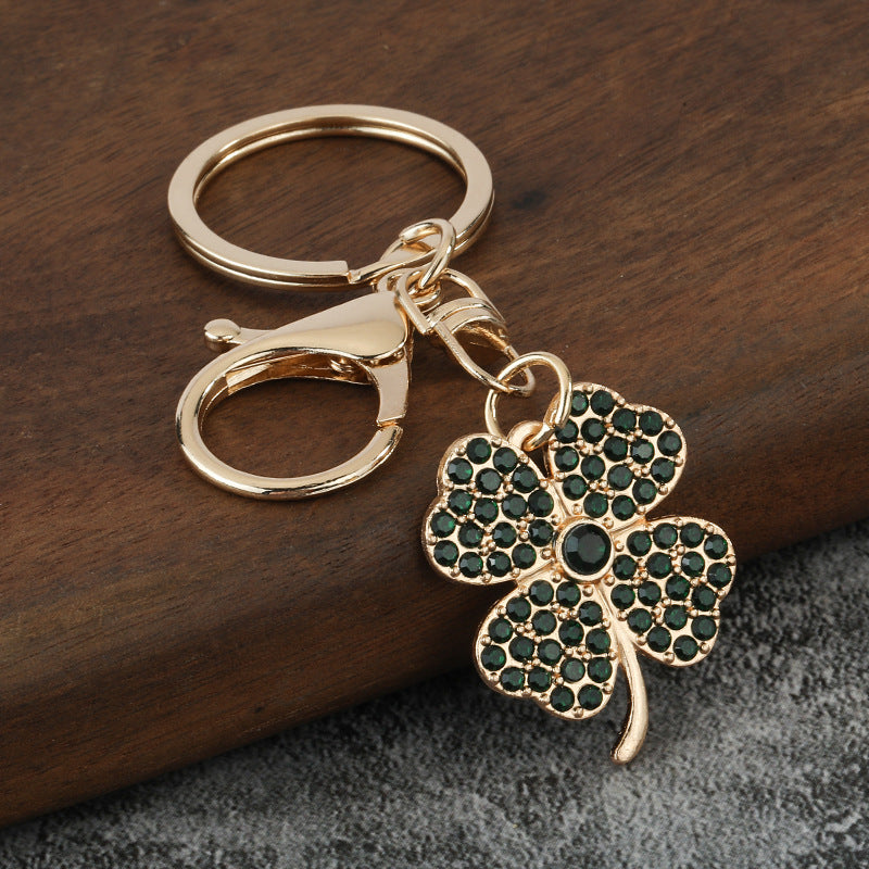 Rhinestone Four-Leaf Clover Zinc Alloy Keychain Bag Charm