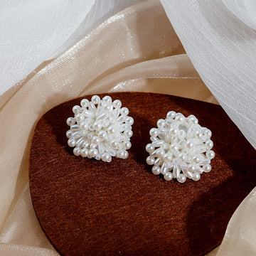 White Pearl Bead Starburst Firework Cluster Stud Earrings