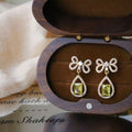 Green Teardrop Crystal Bow Stud Earrings With Polished Metal Details view 6