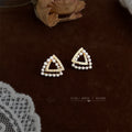 Gold Tone Clear Stone Triangle And White Pearl Border Stud Earrings view 3