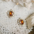 Gold Tone Amber Oval Stud Earrings Clear Marquise Halo Frame view 2