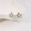 Peach and Blue Enamel Look Flower Pearl Drop Stud Earrings view 1
