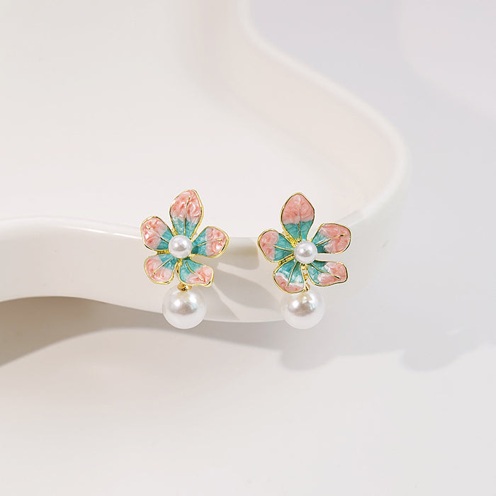 Peach and Blue Enamel Look Flower Pearl Drop Stud Earrings