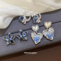 Silver Heart And Star Drop Stud Earrings With Blue Crystals view 3