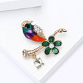 Enamel Bird on Branch Brooch Green Flower Rhinestone Dangle view 4