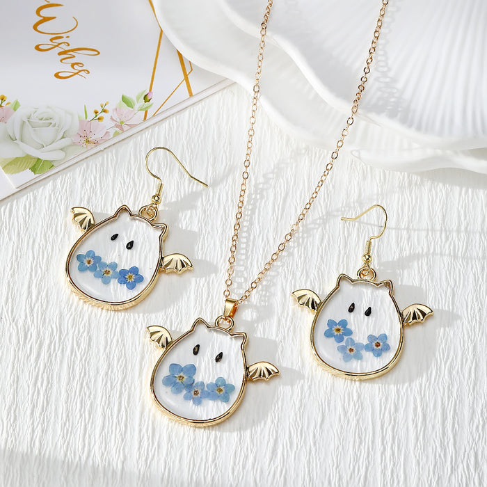 Pressed Flower Winged Ghost Necklace, Earrings and Coordinated Set