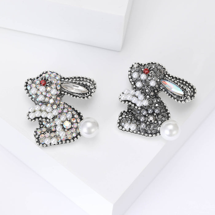 Rhinestone Pearl Rabbit Brooch Clear and Black Two Colors