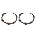 Black Textured Hoop Earrings With Brown Oval Accents view 5