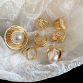 Gold Tone Textured Pearl Open Ring Seven Piece Set view 4