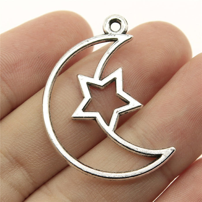 Openwork Crescent Moon and Star Metal Frame Pendant