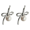 Silver Metal Ribbon Bow White Pearl Drop Earrings Pair view 5