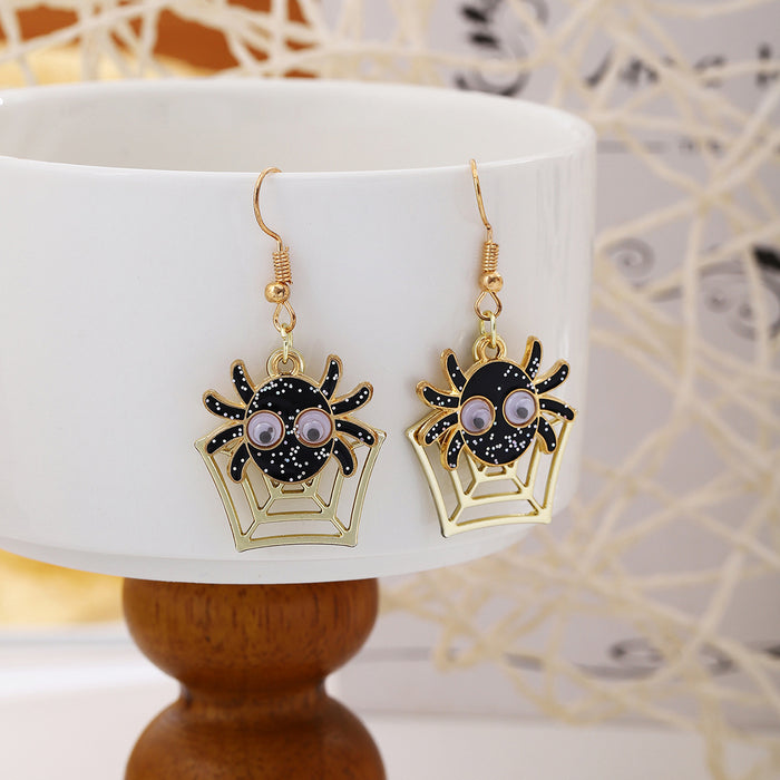 Black Spider Gold Spiderweb Halloween Hook Earrings