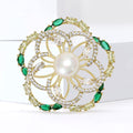 Round Floral Brooch With Green Crystal Border and Pearl Center view 2