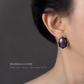 Gold Purple Enamel Scalloped Oval Frame Stud Earrings view 2