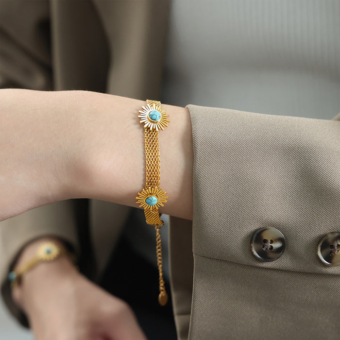 Gold Mesh Bracelet Turquoise Sunburst Cabochon Three Charm