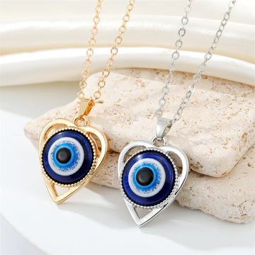 Heart Outline Blue Evil Eye Pendant Necklaces in Two Finishes