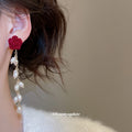 Red Rose Pearl Branch Drop Earrings with Distinctive Textured Details view 3