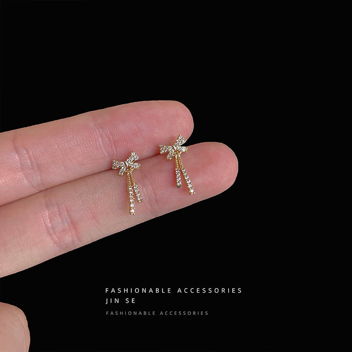 Gold Tone Clear Stone Bow Long Tassel Stud Earrings For Women