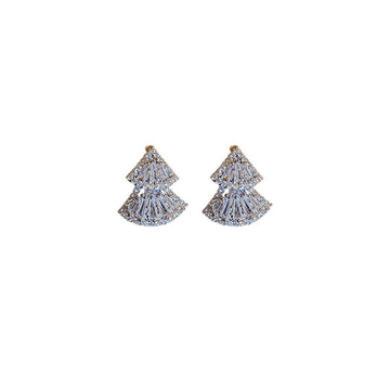 Silver Tone Crystal Double Fan Stud Earrings Decorative Jewelry