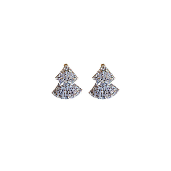 Silver Tone Crystal Double Fan Stud Earrings Decorative Jewelry