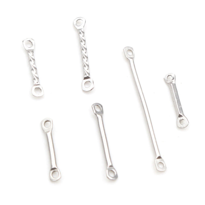 Silver Tone Double Loop Connector Bars in Six Textures and Sizes