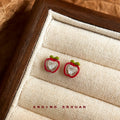 Mini Red Apple Stud Earrings Green Leaf Silver Heart view 4