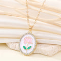Gold Tone Oval Enamel Rose Crystal Halo Pendant Necklaces in Two Colors view 4