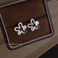 Silver Tone Clear Stone Bow Flower And Green Drop Stud Earrings view 4