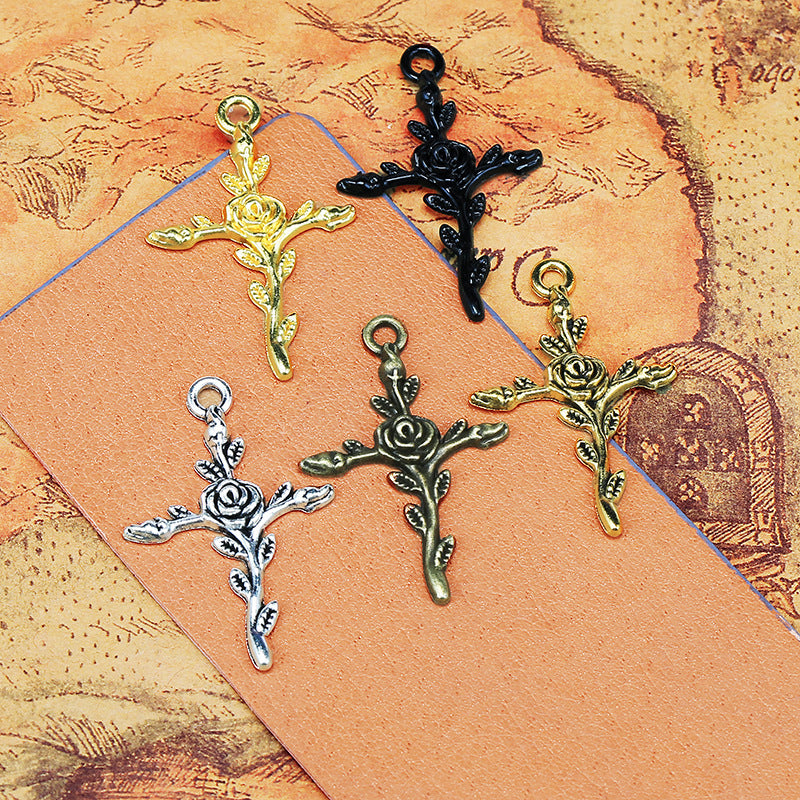 35x24mm Vintage Alloy Cross Rose Charm Pendant