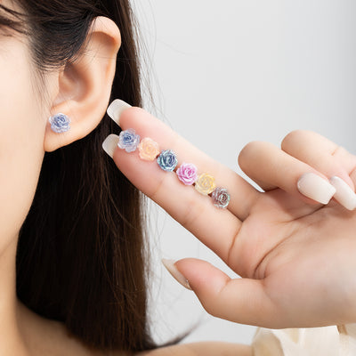 Primary supplied view of mini rose flower stud earrings