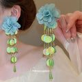 Chiffon Flower And Sequin Long Tassel Stud Earrings view 4