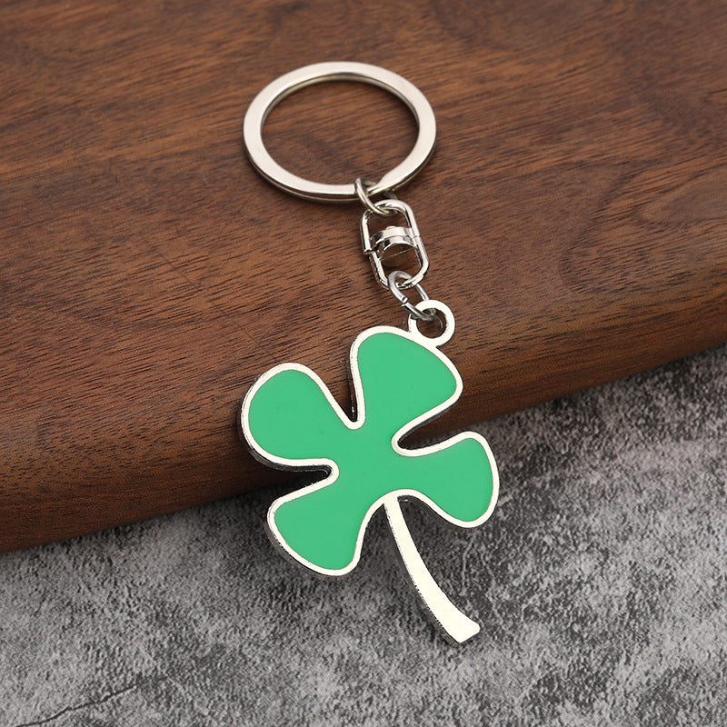 Lucky Four Leaf Clover Metal Keychain with Large Green Leaf Charm