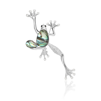 Front view of the silver tone frog brooch with iridescent shell inlay brooch and its color options