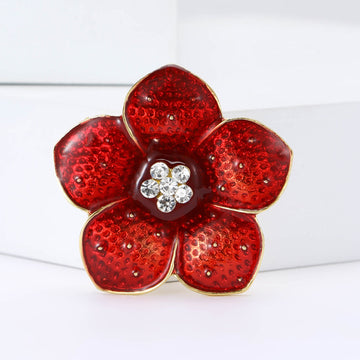 Red Enamel Five Petal Flower Brooch Crystal Center