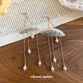 White Shell Disc Drop Earrings with Pearl and Chain Tassel Details view 4
