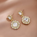 Square and Round Clear Look Pearl Halo Dangle Earrings view 2