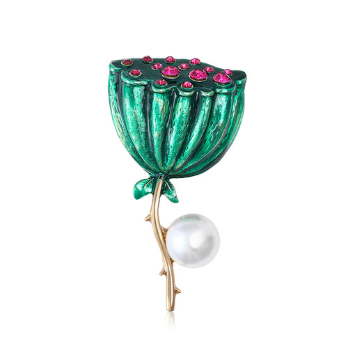 Green enamel lotus seed pod brooch with pink stones and white pearl