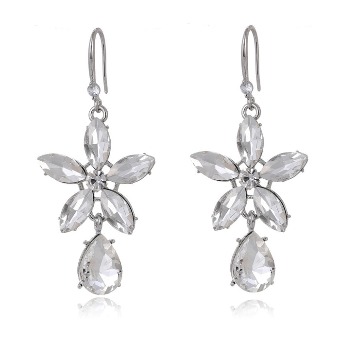 Silver Tone Crystal Flower Drop Openwork Crystal Five Designs Metal Dangle Earrings