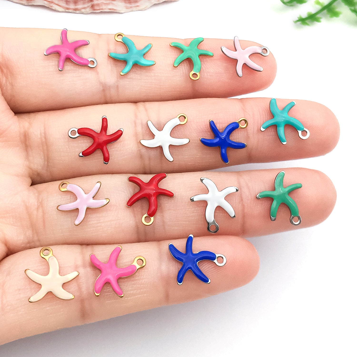 Gold Plated Stainless Steel Colorful Enamel Starfish Double Sided Charm Pendant for DIY Necklaces