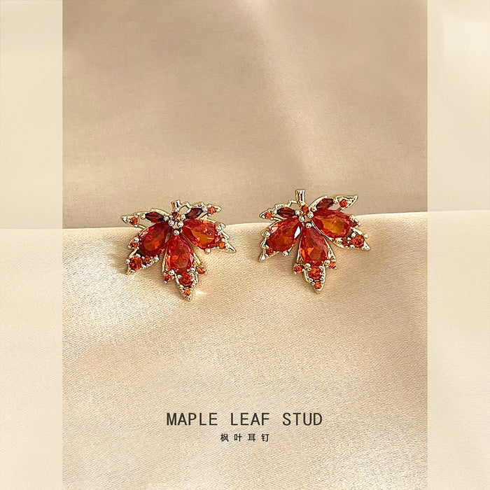 Gold Tone Red Orange Faceted Stone Maple Leaf Stud Earrings