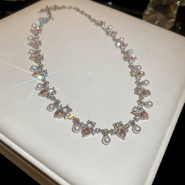 Silver Pink Crystal Pearl Drop Choker Necklace Single