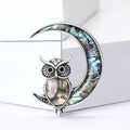 Abalone Shell Owl Crescent Moon Brooch Silver Tone Pin view 2