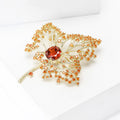 Gold Maple Leaf Brooch Amber Rhinestone Red Center Pin view 3