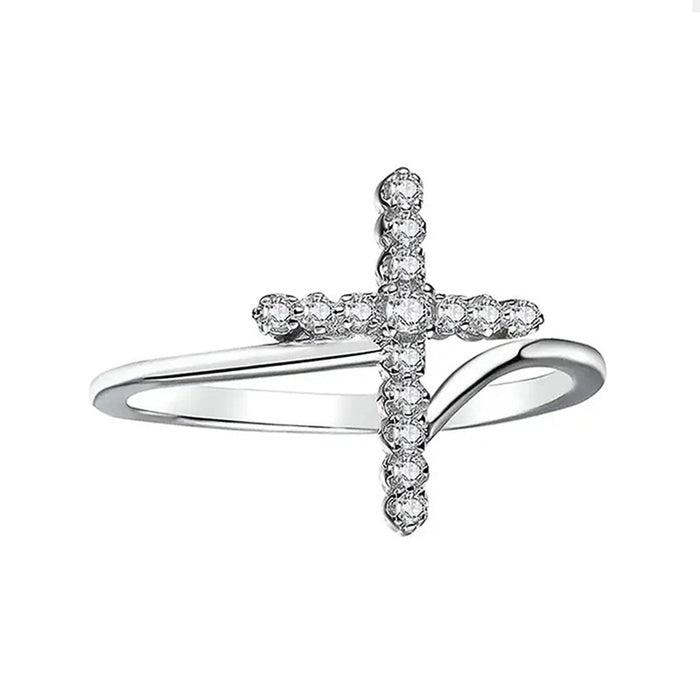 Silver Tone Pavé CZ Cross Open Band Ring Sizes 6-10